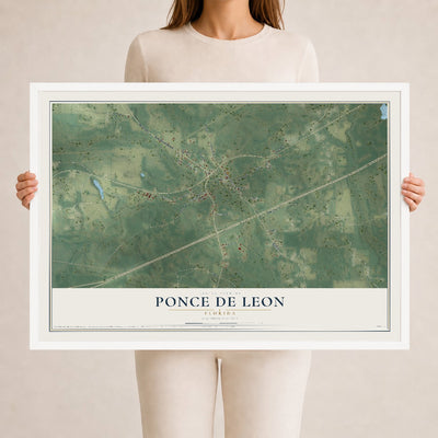 Ponce de Leon, Florida map print, 24" x 36" W/ White Ayous Wood Frame mockup