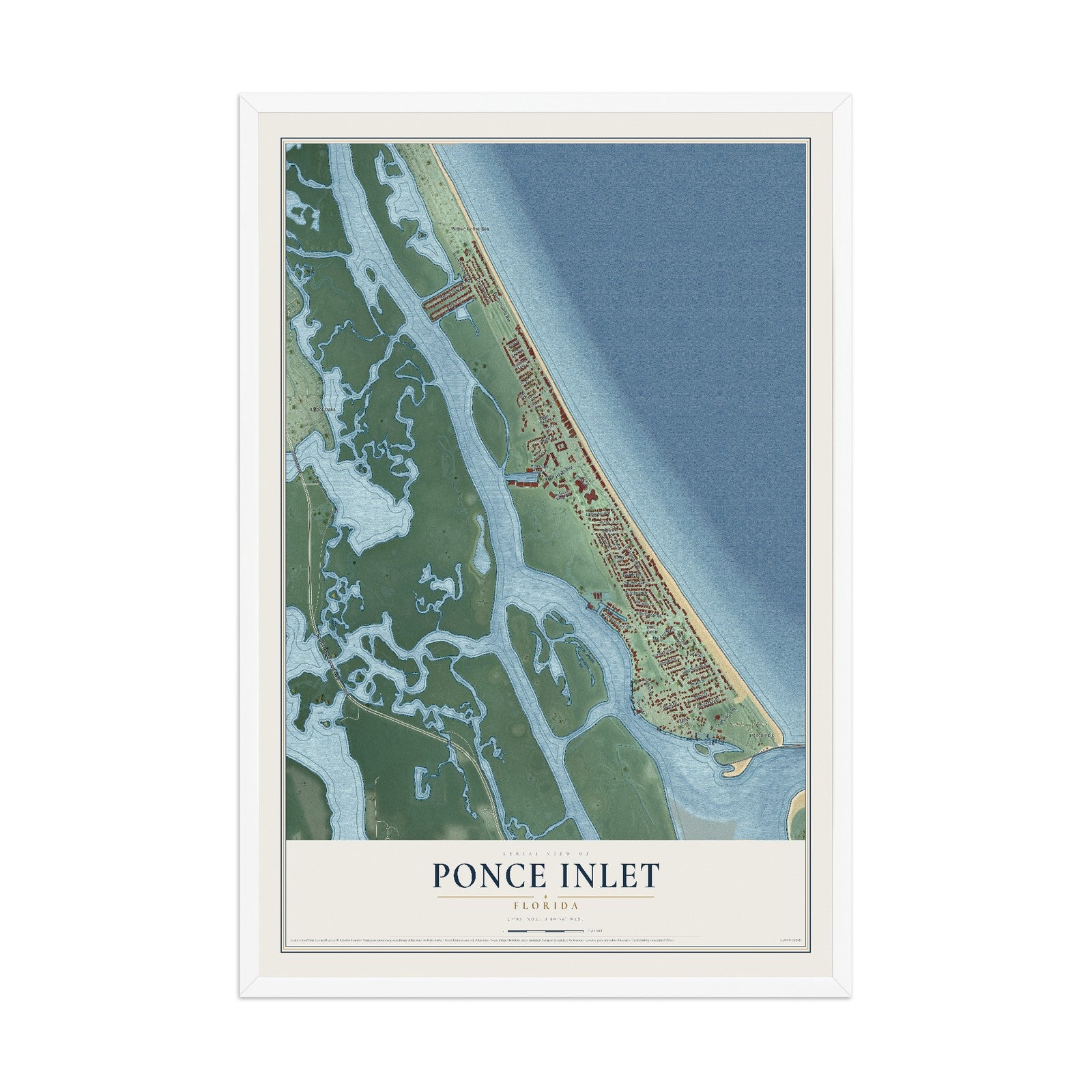 Ponce Inlet, Florida map print, 12" x 18" W/ White Ayous Wood Frame mockup