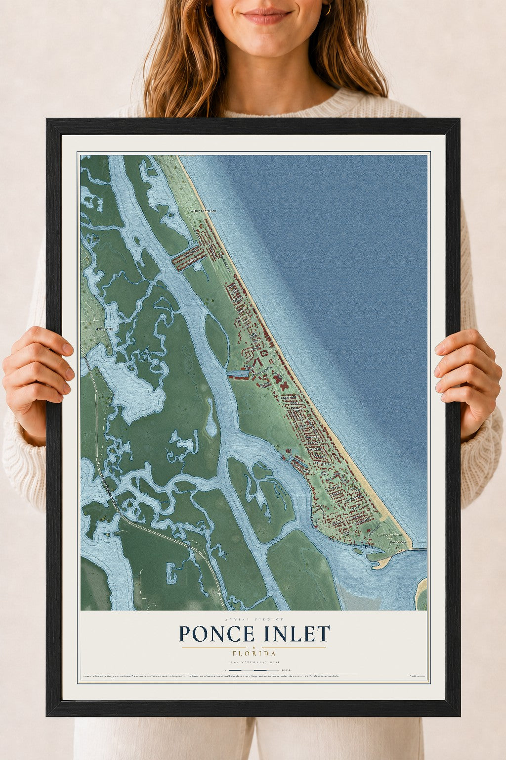 Ponce Inlet, Florida map print, 18" x 24" W/ Black Ayous Wood Frame mockup