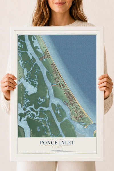 Ponce Inlet, Florida map print, 18" x 24" W/ White Ayous Wood Frame mockup
