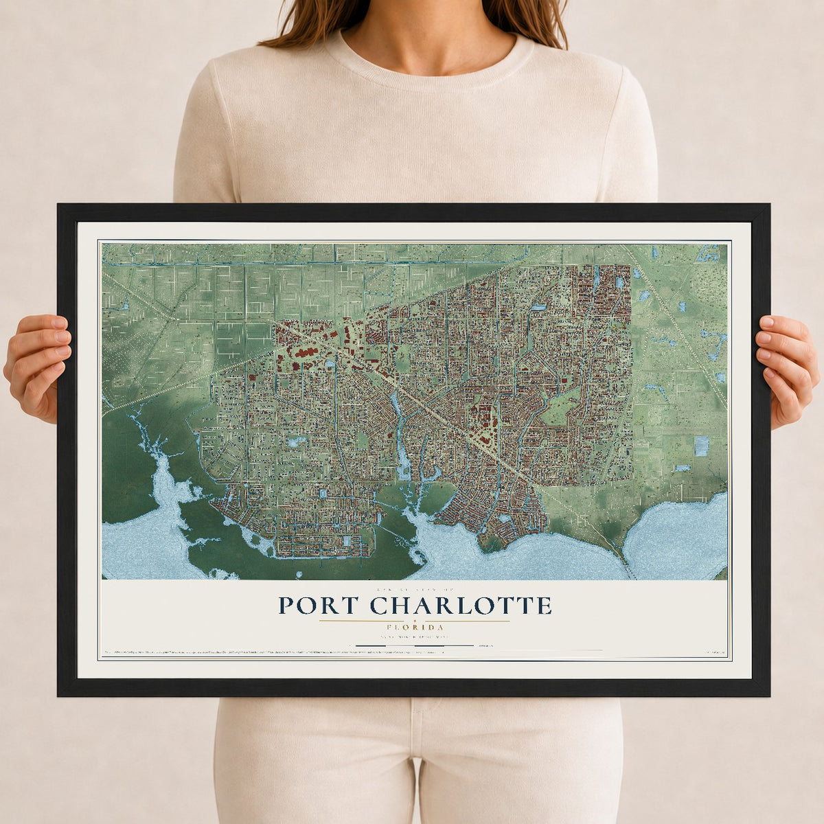Port Charlotte, Florida map print, 12" x 18" W/ Black Ayous Wood Frame mockup