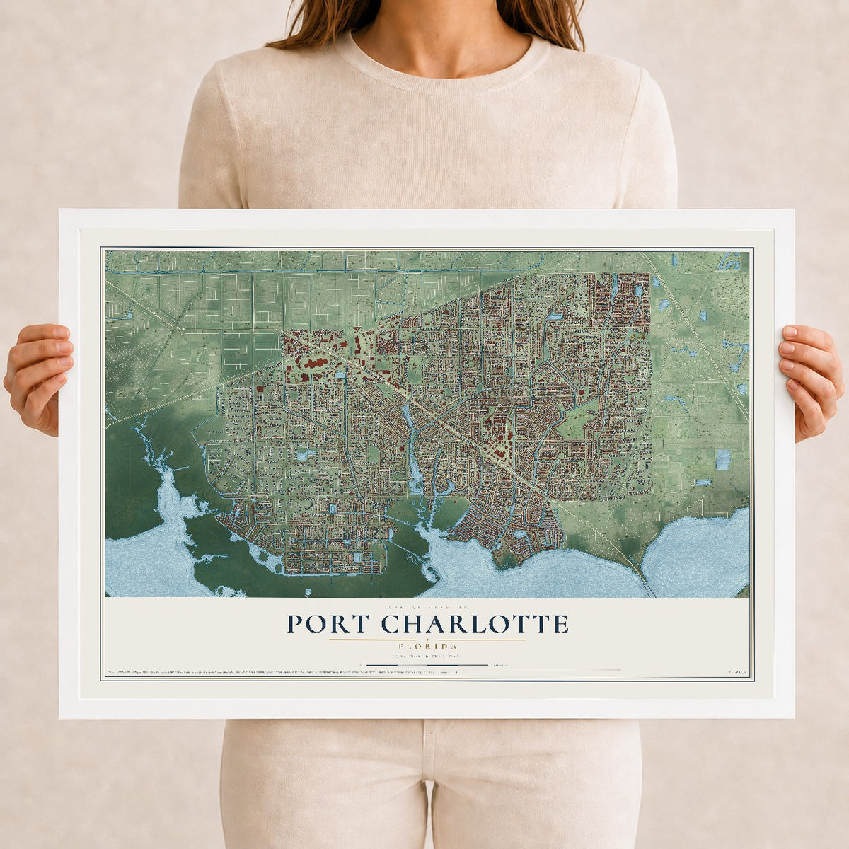 Port Charlotte, Florida map print, 12" x 18" W/ White Ayous Wood Frame mockup