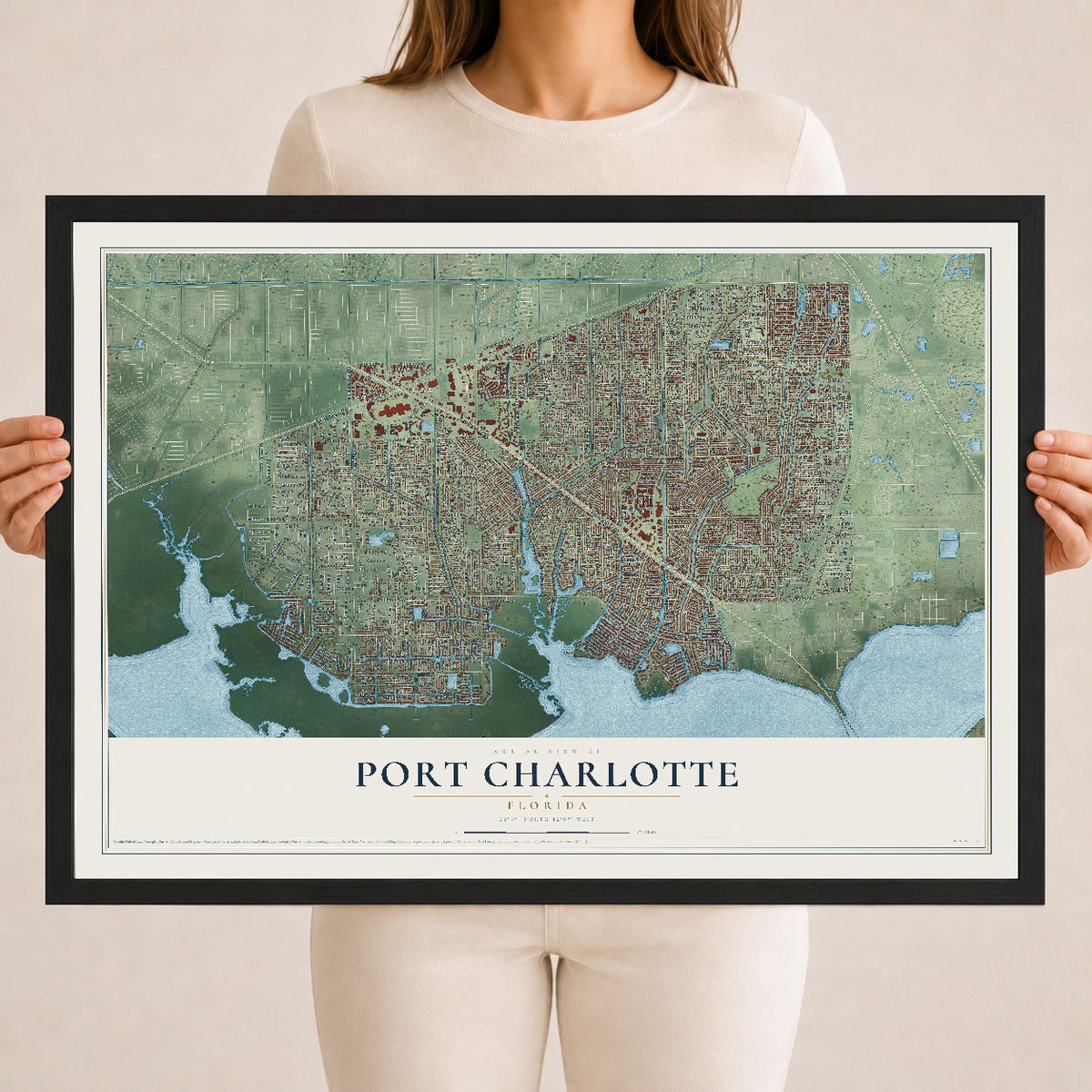 Port Charlotte, Florida map print, 18" x 24" W/ Black Ayous Wood Frame mockup