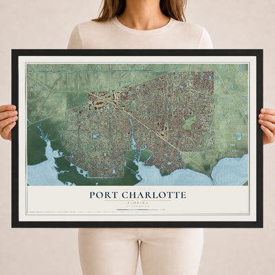 Port Charlotte, Florida map print, 18" x 24" W/ Black Ayous Wood Frame mockup