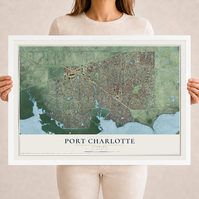 Port Charlotte, Florida map print, 18" x 24" W/ White Ayous Wood Frame mockup