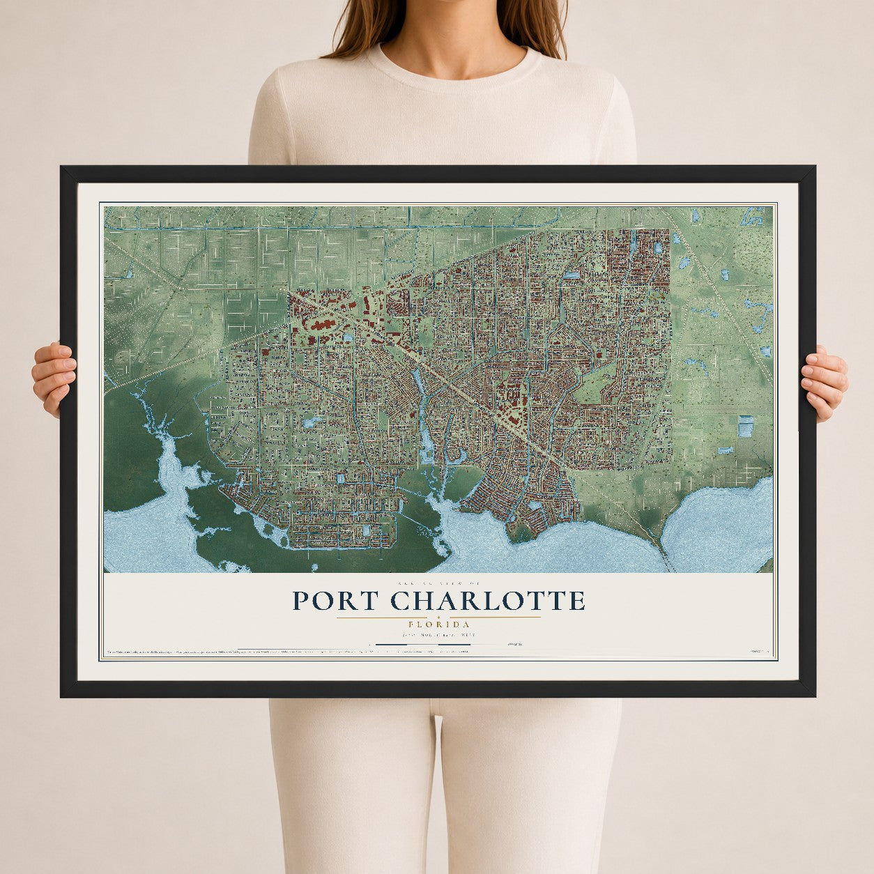 Port Charlotte, Florida map print, 24" x 36" W/ Black Ayous Wood Frame mockup