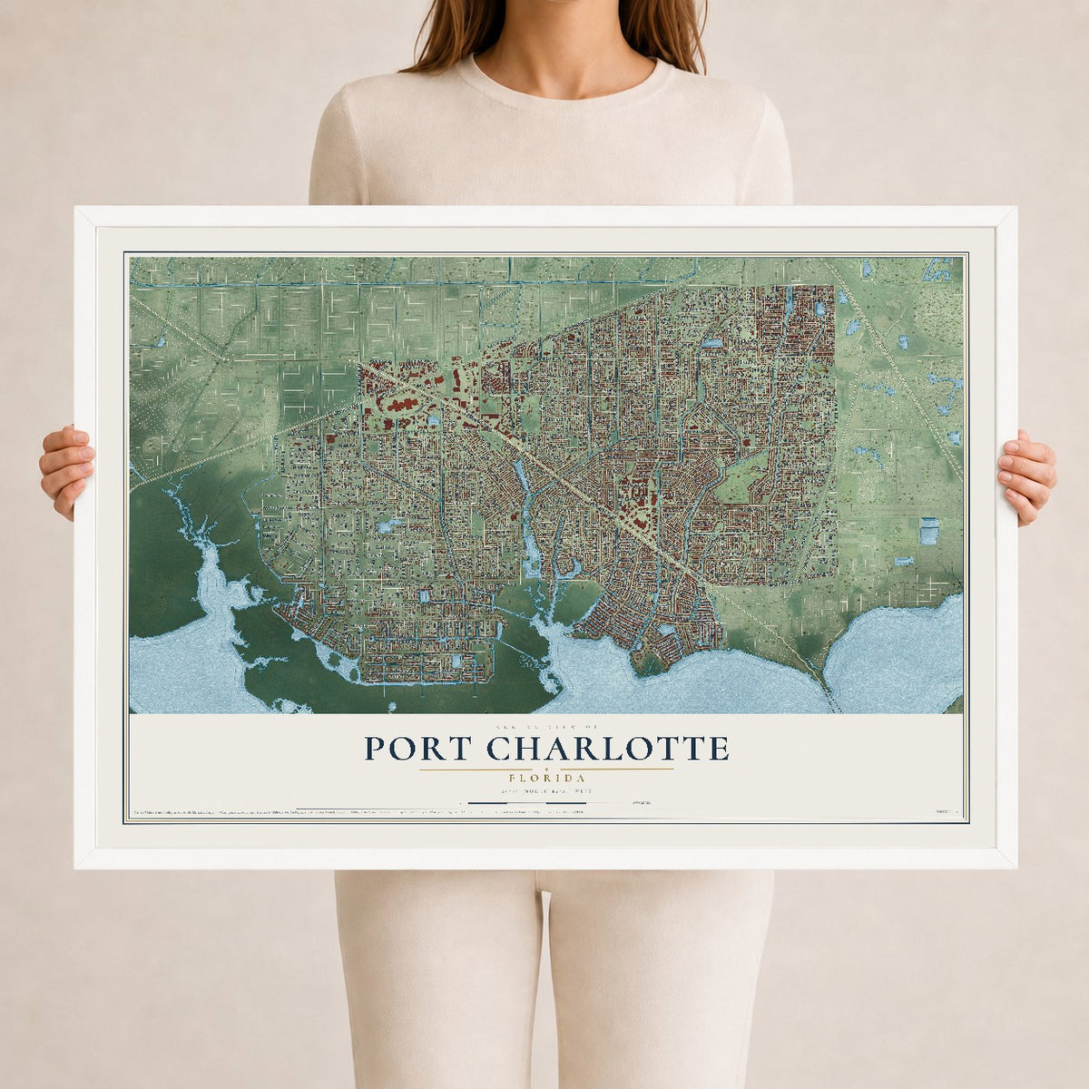 Port Charlotte, Florida map print, 24" x 36" W/ White Ayous Wood Frame mockup