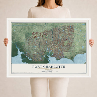 Port Charlotte, Florida map print, 24" x 36" W/ White Ayous Wood Frame mockup