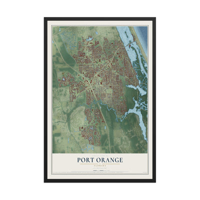 Port Orange, Florida map print, 12" x 18" W/ Black Ayous Wood Frame mockup