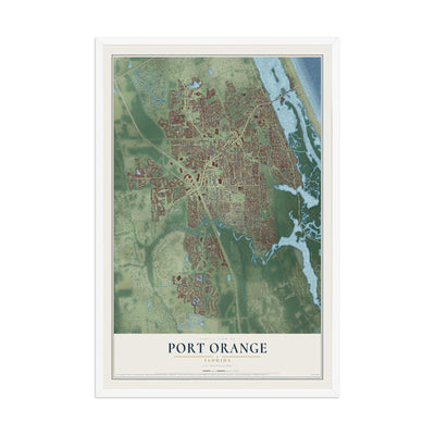 Port Orange, Florida map print, 12" x 18" W/ White Ayous Wood Frame mockup
