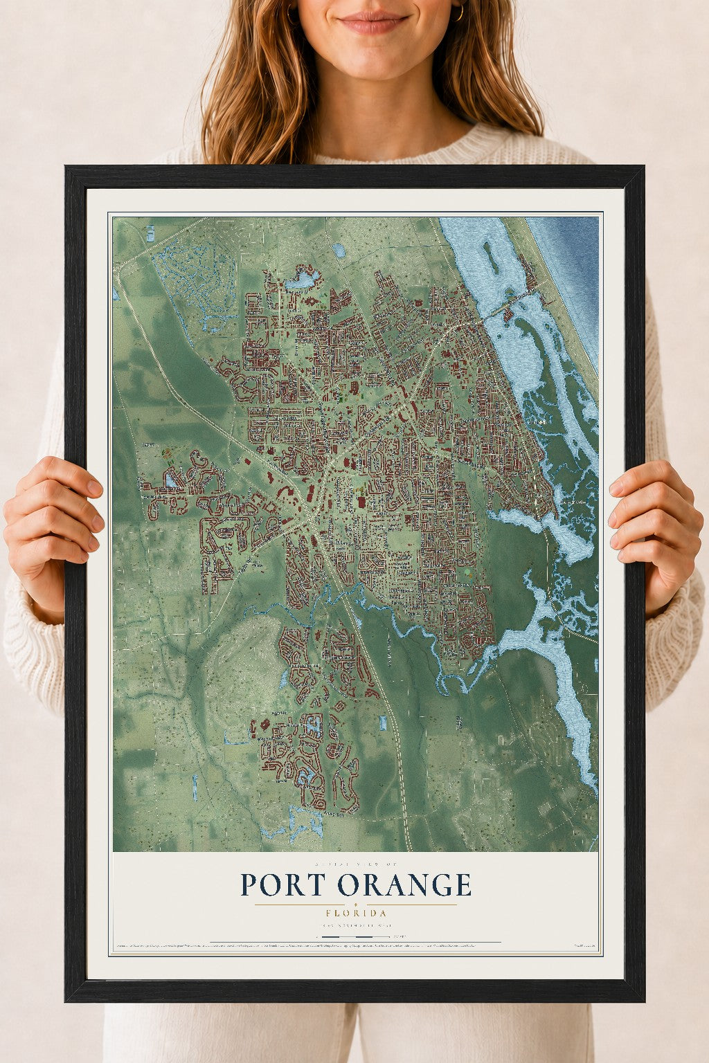 Port Orange, Florida map print, 18" x 24" W/ Black Ayous Wood Frame mockup