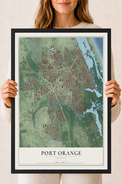 Port Orange, Florida map print, 18" x 24" W/ Black Ayous Wood Frame mockup