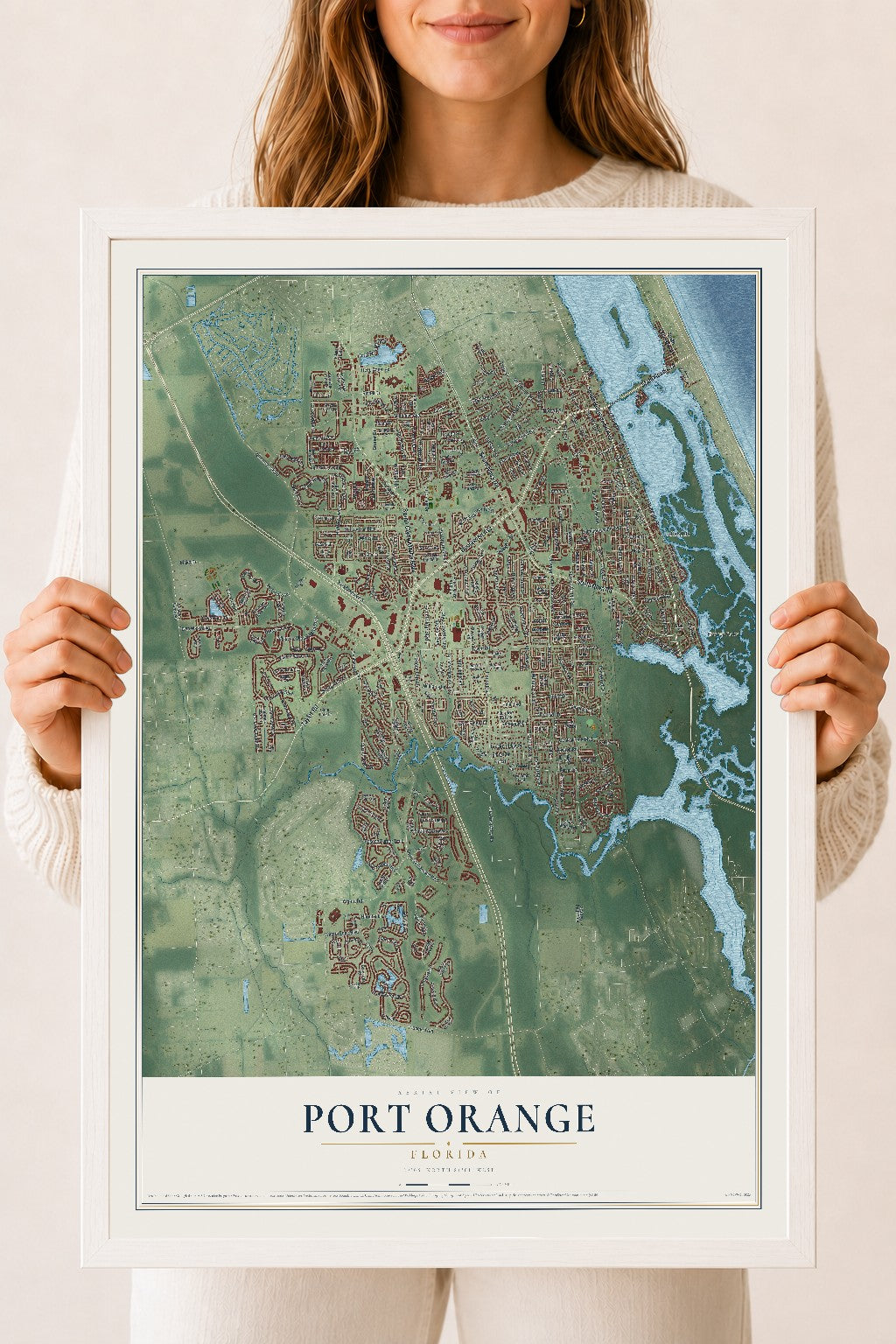 Port Orange, Florida map print, 18" x 24" W/ White Ayous Wood Frame mockup