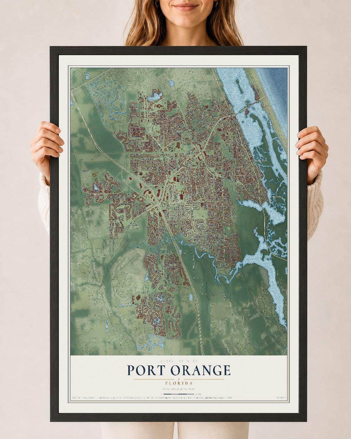 Port Orange, Florida map print, 24" x 36" W/ Black Ayous Wood Frame mockup