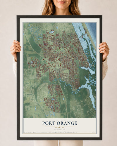 Port Orange, Florida map print, 24" x 36" W/ Black Ayous Wood Frame mockup