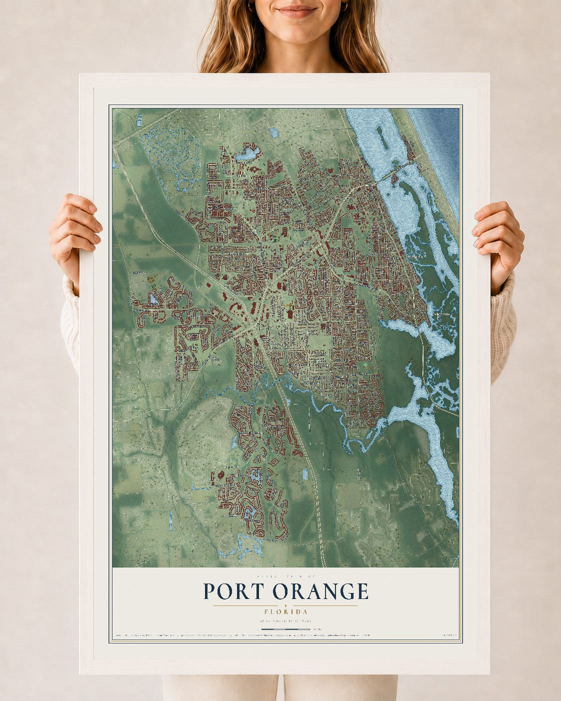 Port Orange, Florida map print, 24" x 36" W/ White Ayous Wood Frame mockup