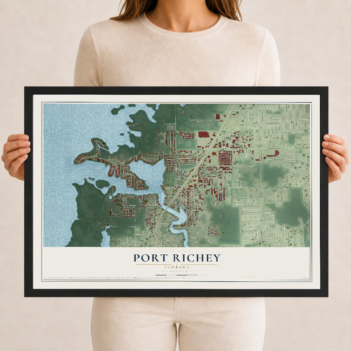 Port Richey, Florida map print, 12" x 18" W/ Black Ayous Wood Frame mockup
