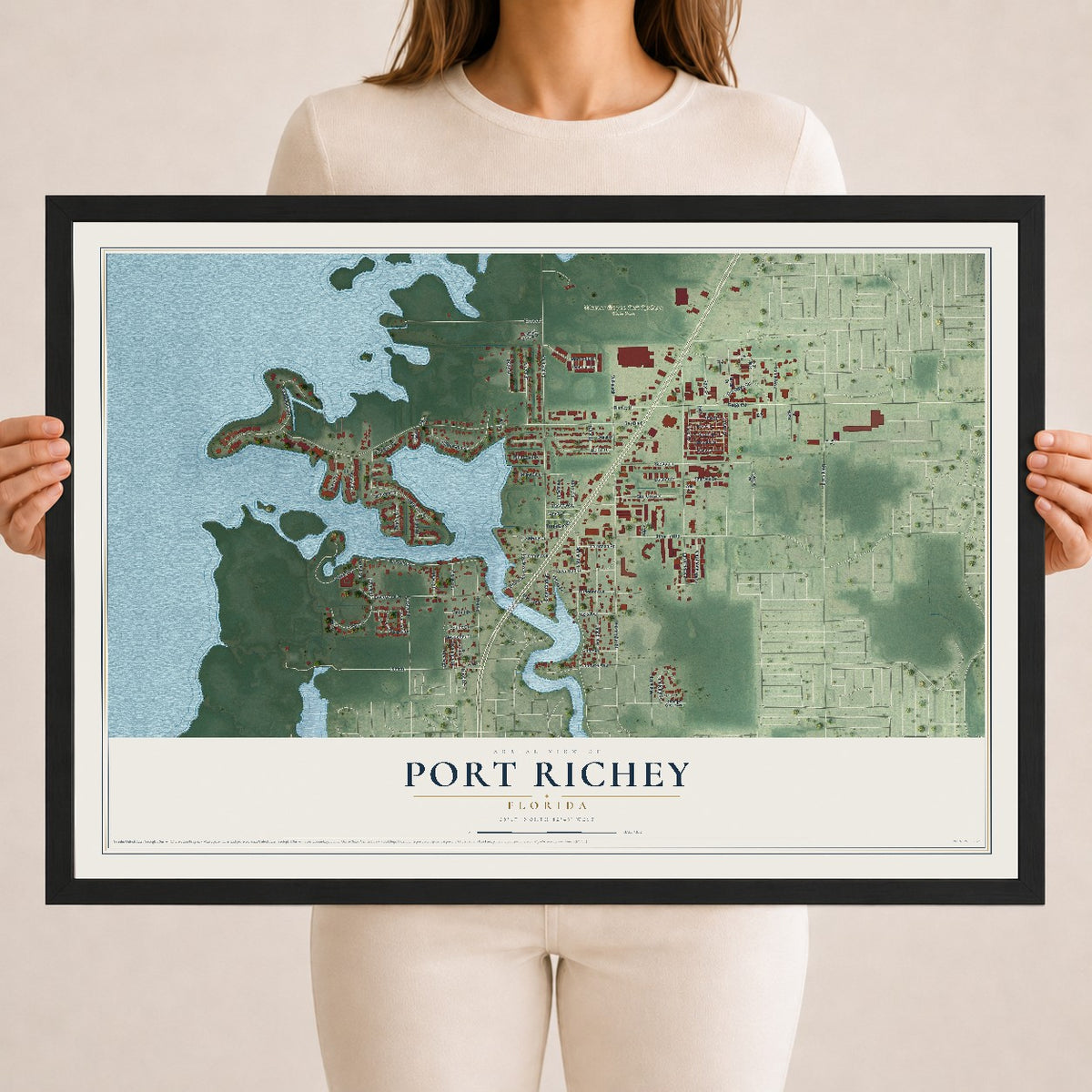 Port Richey, Florida map print, 18" x 24" W/ Black Ayous Wood Frame mockup