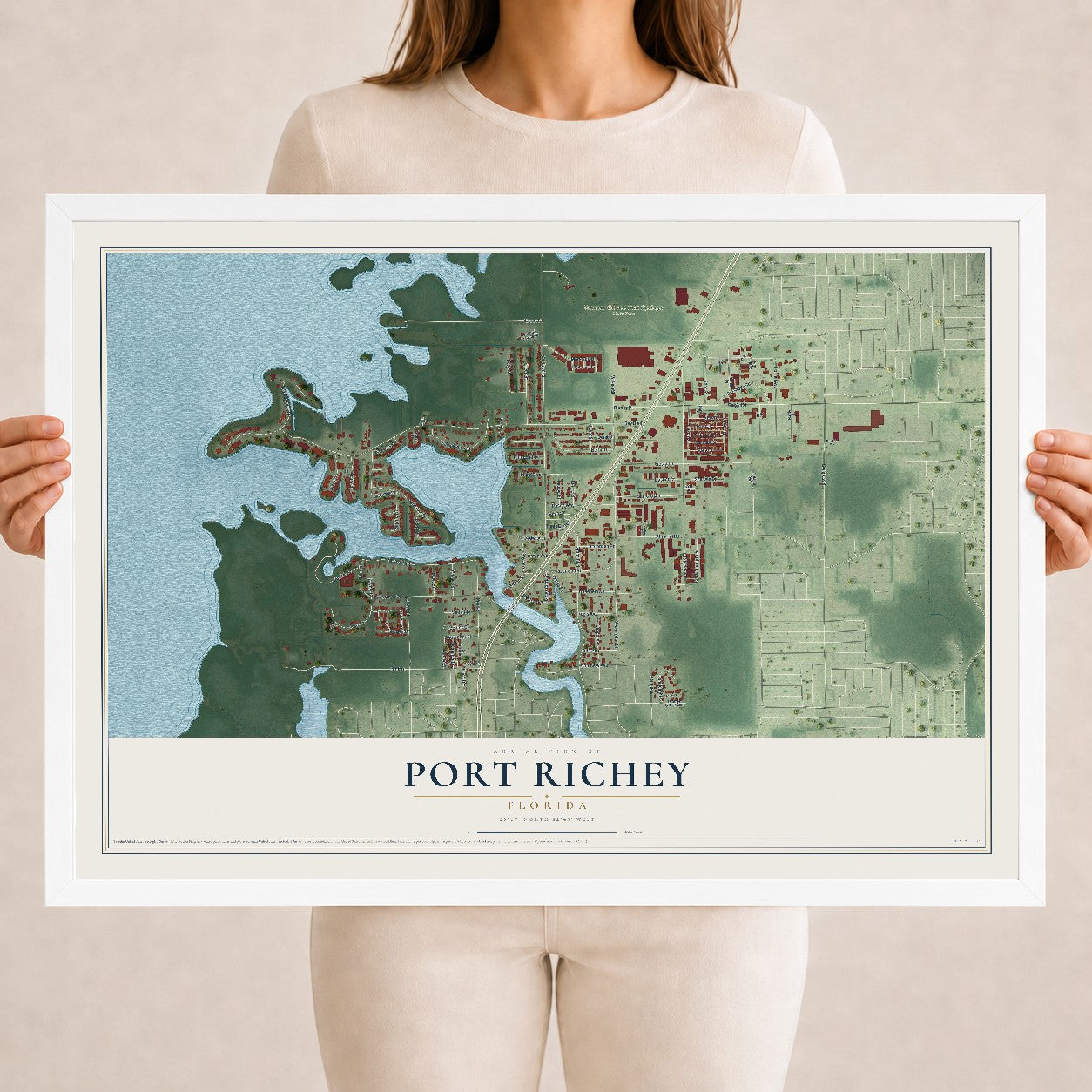 Port Richey, Florida map print, 18" x 24" W/ White Ayous Wood Frame mockup