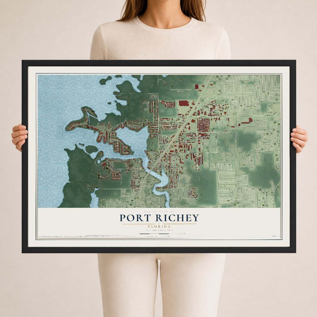 Port Richey, Florida map print, 24" x 36" W/ Black Ayous Wood Frame mockup