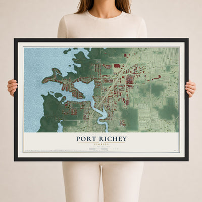Port Richey, Florida map print, 24" x 36" W/ Black Ayous Wood Frame mockup