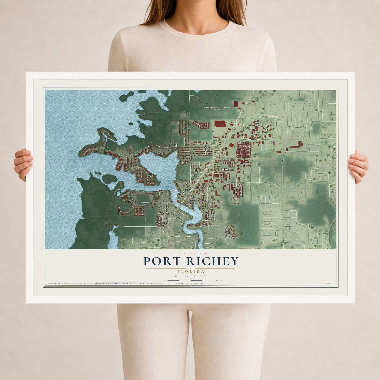 Port Richey, Florida map print, 24" x 36" W/ White Ayous Wood Frame mockup