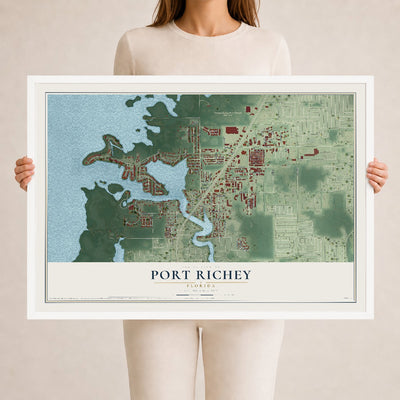Port Richey, Florida map print, 24" x 36" W/ White Ayous Wood Frame mockup