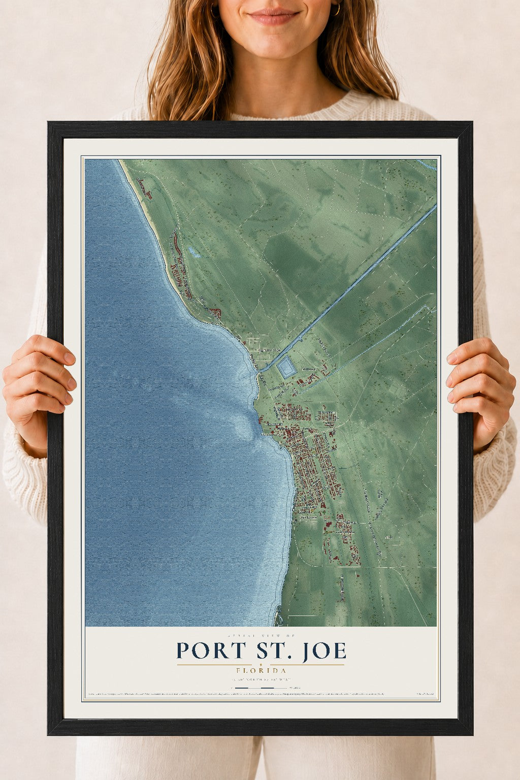 Port St. Joe, Florida map print, 18" x 24" W/ Black Ayous Wood Frame mockup