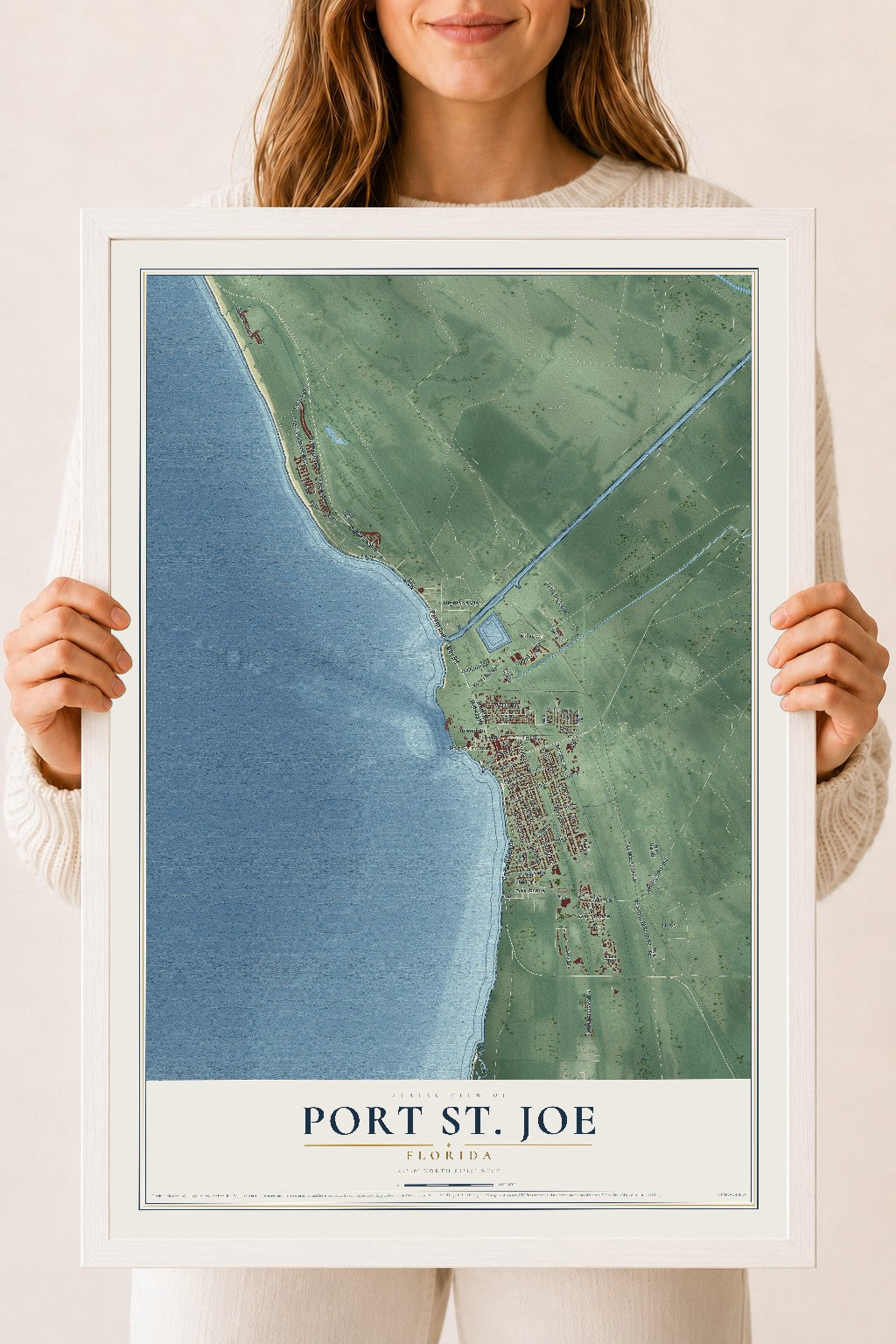 Port St. Joe, Florida map print, 18" x 24" W/ White Ayous Wood Frame mockup