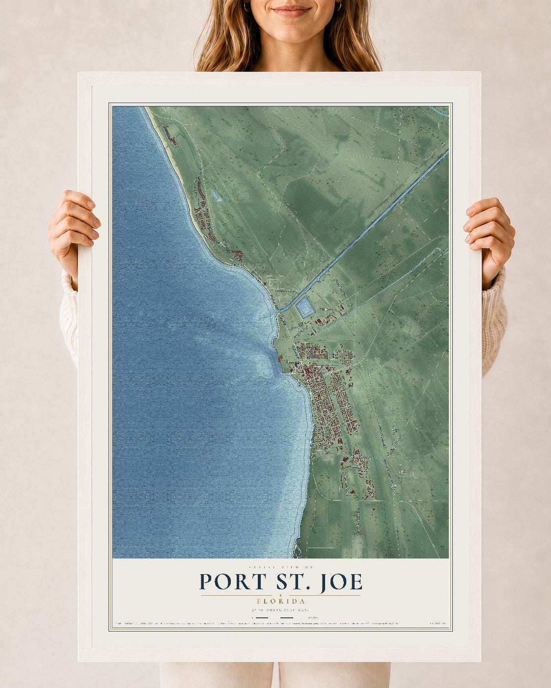Port St. Joe, Florida map print, 24" x 36" W/ White Ayous Wood Frame mockup