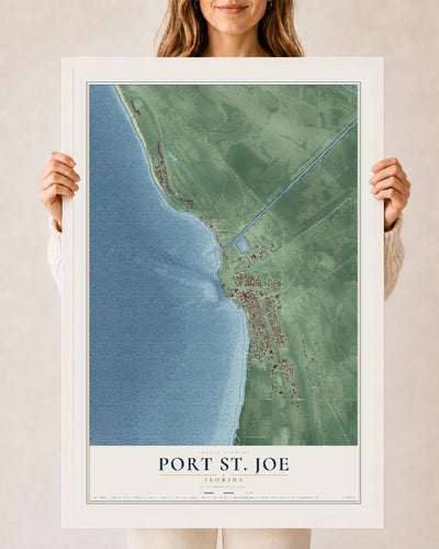 Port St. Joe, Florida map print, 24" x 36" W/ White Ayous Wood Frame mockup
