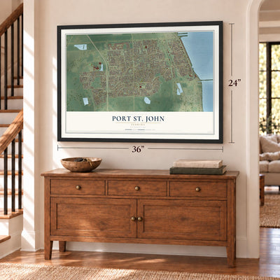 Port St. John, Florida map, 24 x 36 inch print in a black frame above a dresser by a staircase