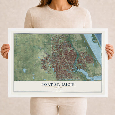 Port St. Lucie, Florida map print, 12" x 18" W/ White Ayous Wood Frame mockup