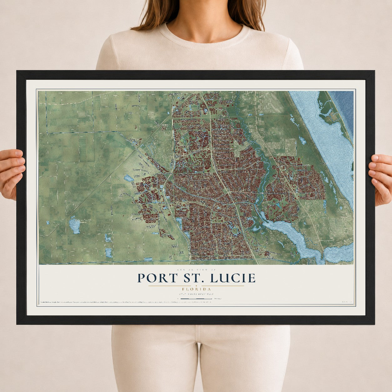 Port St. Lucie, Florida map print, 18" x 24" W/ Black Ayous Wood Frame mockup