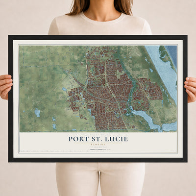 Port St. Lucie, Florida map print, 18" x 24" W/ Black Ayous Wood Frame mockup