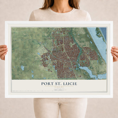 Port St. Lucie, Florida map print, 18" x 24" W/ White Ayous Wood Frame mockup