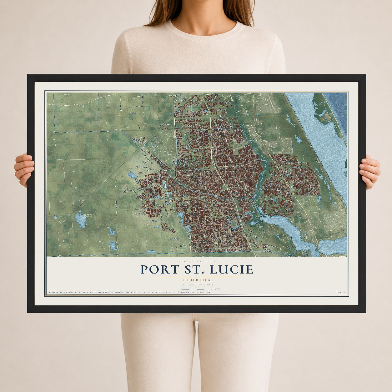 Port St. Lucie, Florida map print, 24" x 36" W/ Black Ayous Wood Frame mockup