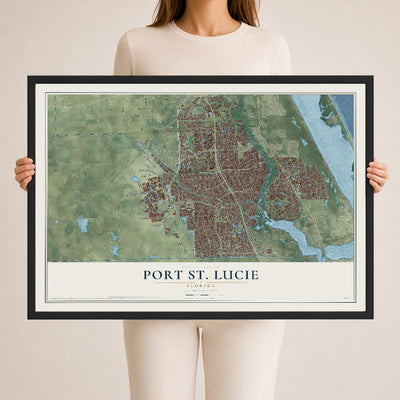Port St. Lucie, Florida map print, 24" x 36" W/ Black Ayous Wood Frame mockup
