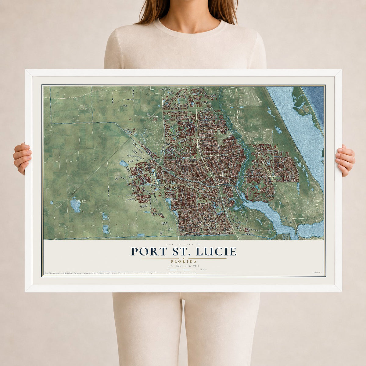 Port St. Lucie, Florida map print, 24" x 36" W/ White Ayous Wood Frame mockup