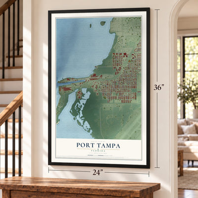Port Tampa, Florida map, 24 x 36 inch print in a black frame by a staircase