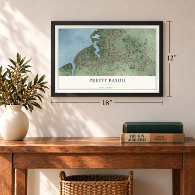 Pretty Bayou, Florida map, 12 x 18 inch print in a black frame in an entryway