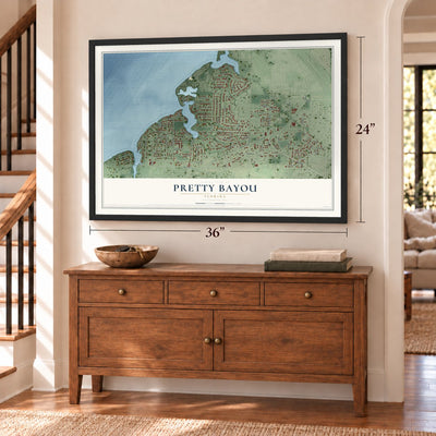 Pretty Bayou, Florida map, 24 x 36 inch print in a black frame above a dresser by a staircase