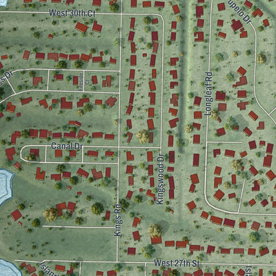Close-up of the map of Pretty Bayou, Florida print showing street and building detail