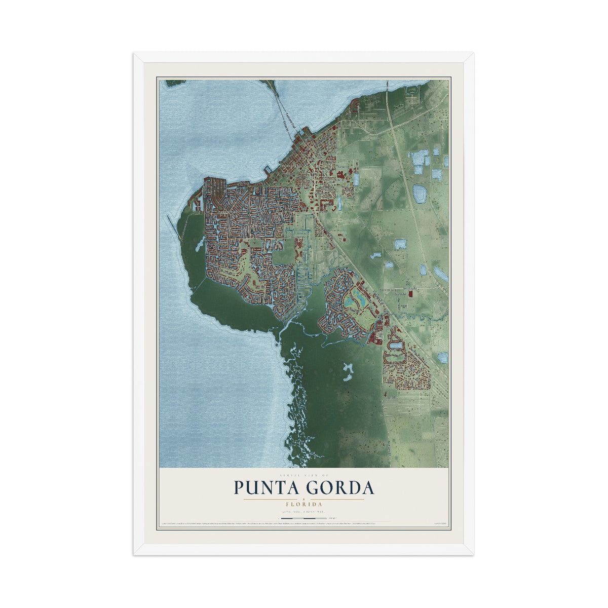 Punta Gorda, Florida map print, 12" x 18" W/ White Ayous Wood Frame mockup