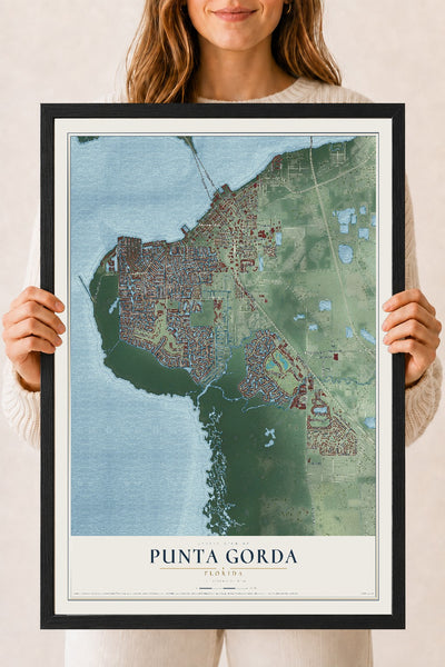 Punta Gorda, Florida map print, 18" x 24" W/ Black Ayous Wood Frame mockup