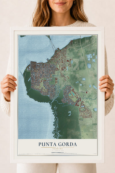 Punta Gorda, Florida map print, 18" x 24" W/ White Ayous Wood Frame mockup