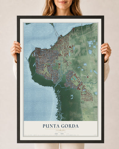 Punta Gorda, Florida map print, 24" x 36" W/ Black Ayous Wood Frame mockup
