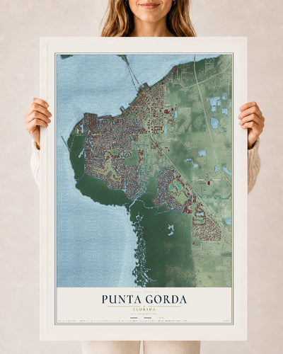 Punta Gorda, Florida map print, 24" x 36" W/ White Ayous Wood Frame mockup