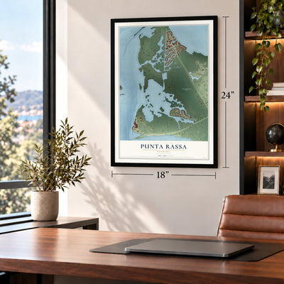 Punta Rassa, Florida map, 18 x 24 inch print in a black frame in a home office
