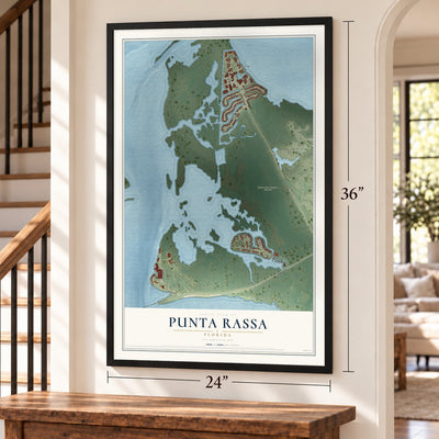 Punta Rassa, Florida map, 24 x 36 inch print in a black frame by a staircase